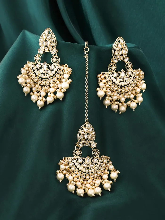 Yellow Chimes Earrings for Women Gold Toned Kundan Studded Beads Drop Chandbali Designed Earrings and Maang Tikka Set for Women and Girls Yellow Chimes Necklaces