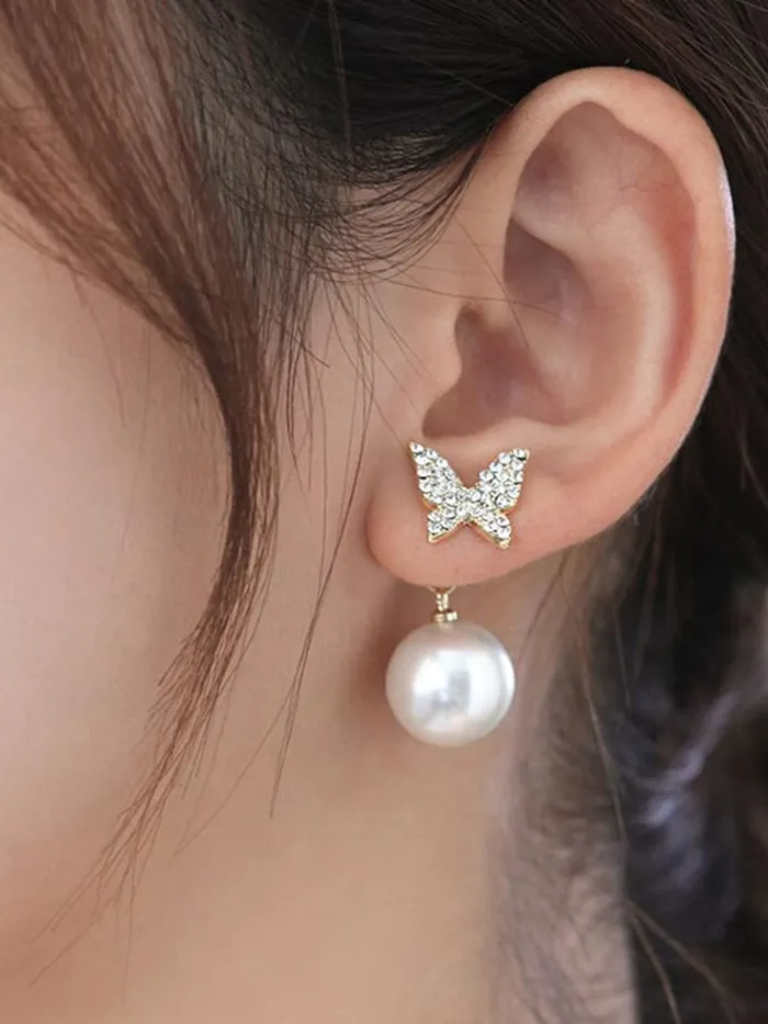 Yellow Chimes Earrings For Wonen Butterfly Shaped Crystal Studded Pearl Drop Earrings For Women and Girls Yellow Chimes Earrings