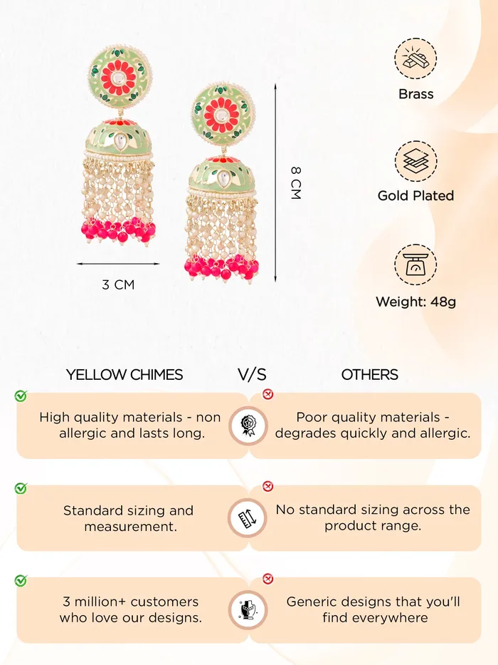 Yellow Chimes Earrings Jhumka Earrings Traditional Multicolor Pearl Design Gift for Women 82cm Gold Plated