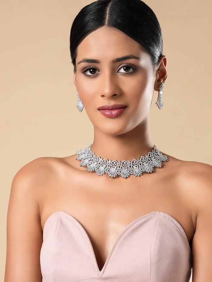 Yellow Chimes Earrings Yellow Chimes American Diamond Jewellery Set for Women Rhodium Plated Bridal Wedding White AD Jewellery Necklace Set for Women and Girls