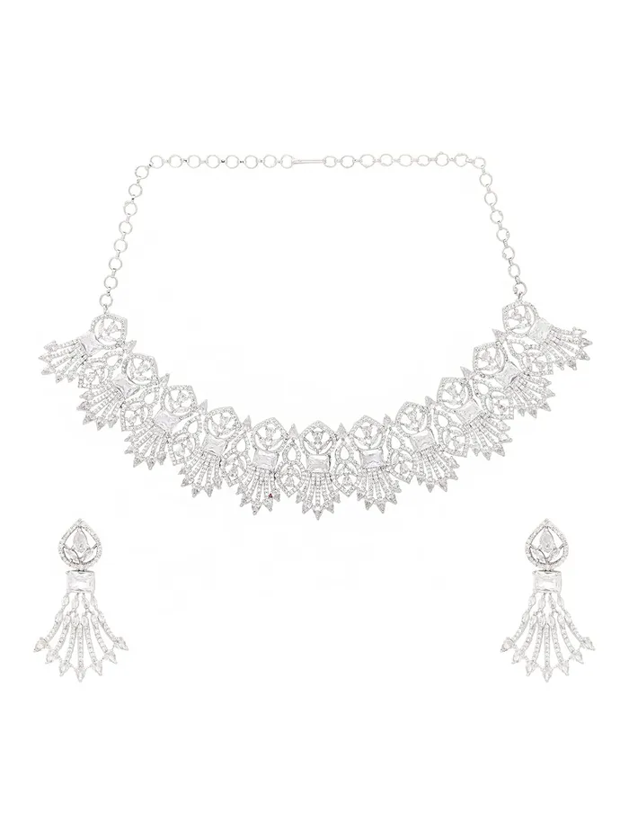 Yellow Chimes Earrings Yellow Chimes American Diamond Jewellery Set for Women Rhodium Plated Bridal Wedding White AD Jewellery Necklace Set for Women and Girls