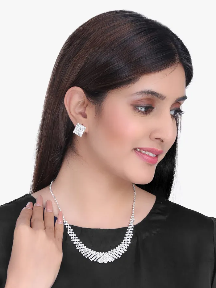 Yellow Chimes Earrings Yellow Chimes Crystal Jewellery Set for Women Crystal Jewelry Set Silver Plated Choker Necklace Set with Earrings for Women and Girls