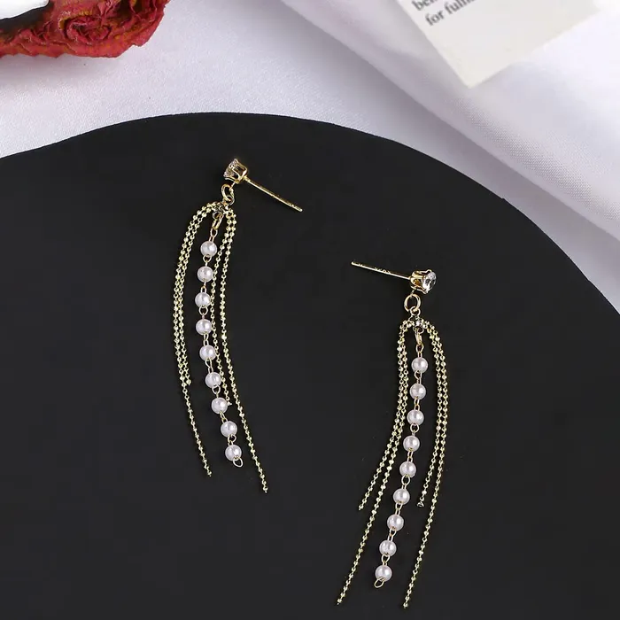 Yellow Chimes Earrings Yellow Chimes Earrings For Women Gold Tone Chain Pearl Beaded Layer Drop Dangle Earrings For Women and Girls
