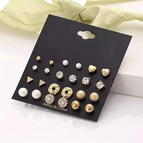 Yellow Chimes Earrings Yellow Chimes Exclusive Designs Combo of 12 PairsSet Multi Stylish Crystal Pearls Heart Shape Gold Plated Stud Earrings For Women and Girls