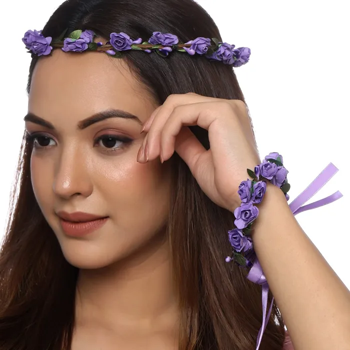 Yellow Chimes Earrings Yellow Chimes Floral Tiara and Bracelet Set for Women Purple Bridal Wedding Headband Hair Tiara For Women Bridesmaid Tiara Vines Set Hair Accessories