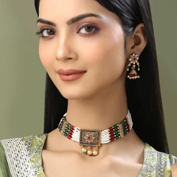 Yellow Chimes Earrings Yellow Chimes Jewellery Set for Women and Girls Kundan Necklaces Set Gold Plated Beads Beaded Kundan Choker Necklace Set Birthday Gift for girls and women Anniversary Gift for Wife