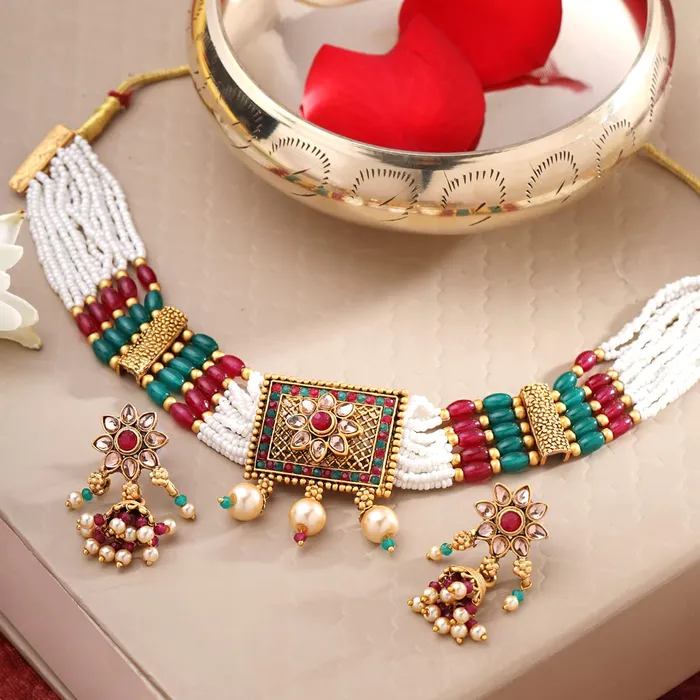 Yellow Chimes Earrings Yellow Chimes Jewellery Set for Women and Girls Kundan Necklaces Set Gold Plated Beads Beaded Kundan Choker Necklace Set Birthday Gift for girls and women Anniversary Gift for Wife