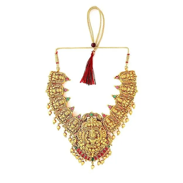 Yellow Chimes Earrings Yellow Chimes Jewellery Set for Women Gold Plated Traditional Temple Jewellery Set Antique Necklace Set with Earrings and Maangtikka for Women and Girls