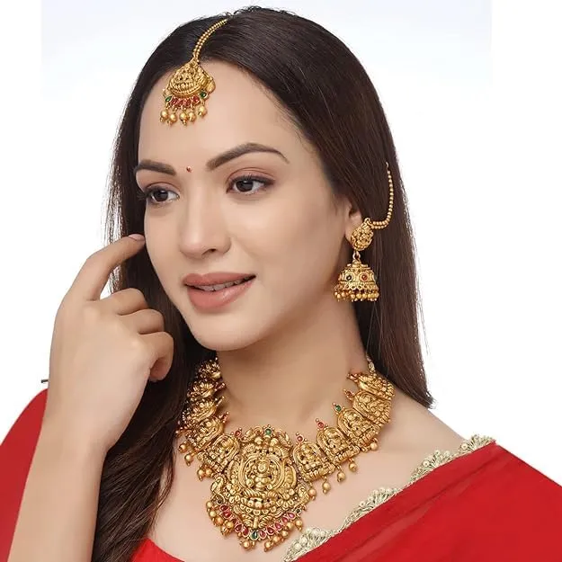Yellow Chimes Earrings Yellow Chimes Jewellery Set for Women Gold Plated Traditional Temple Jewellery Set Antique Necklace Set with Earrings and Maangtikka for Women and Girls