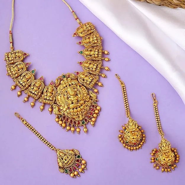 Yellow Chimes Earrings Yellow Chimes Jewellery Set for Women Gold Plated Traditional Temple Jewellery Set Antique Necklace Set with Earrings and Maangtikka for Women and Girls