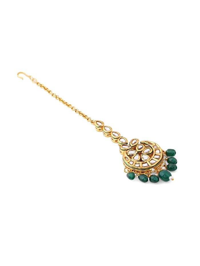 Yellow Chimes Earrings Yellow Chimes Maang Tikka for Women Gold Toned Kundan Studded Green Pearl Drop Designed Chandbali Maang Tikka for Women and Girls