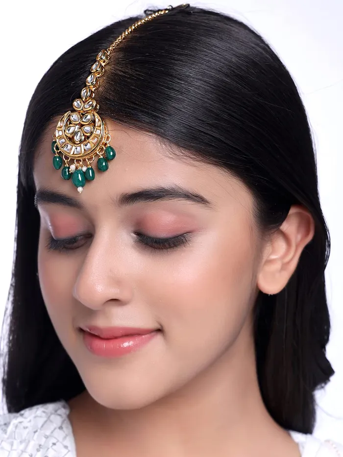 Yellow Chimes Earrings Yellow Chimes Maang Tikka for Women Gold Toned Kundan Studded Green Pearl Drop Designed Chandbali Maang Tikka for Women and Girls