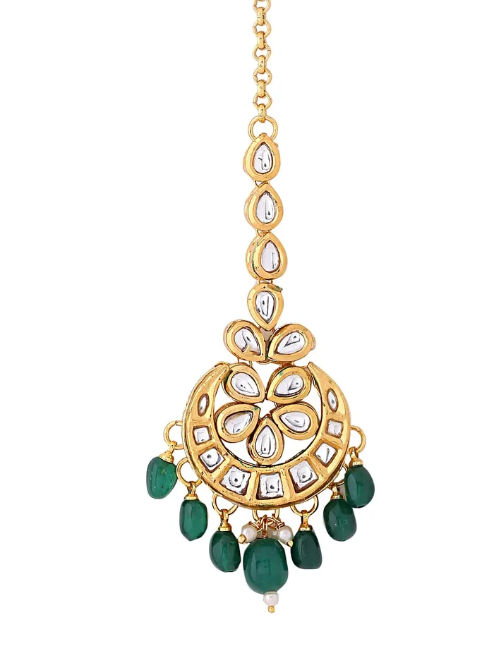 Yellow Chimes Earrings Yellow Chimes Maang Tikka for Women Gold Toned Kundan Studded Green Pearl Drop Designed Chandbali Maang Tikka for Women and Girls