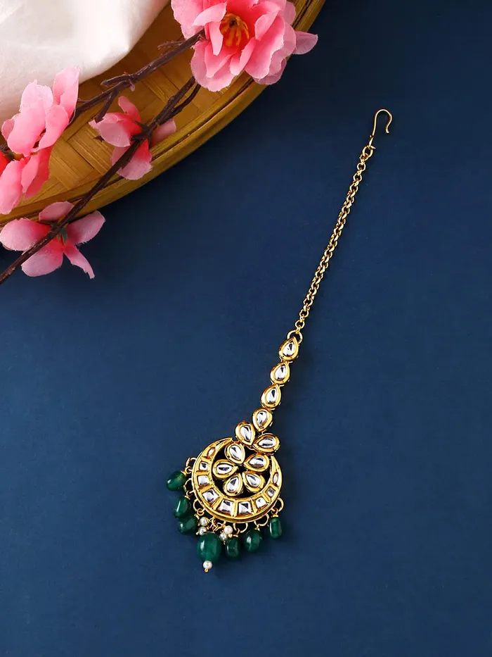 Yellow Chimes Earrings Yellow Chimes Maang Tikka for Women Gold Toned Kundan Studded Green Pearl Drop Designed Chandbali Maang Tikka for Women and Girls