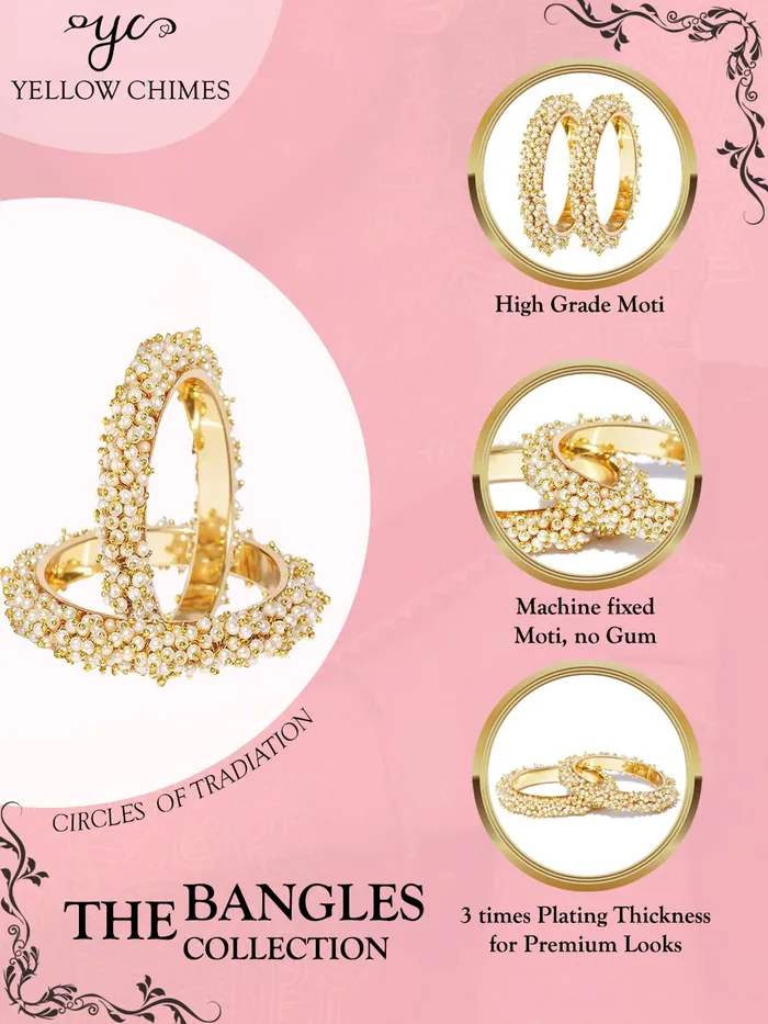 Yellow Chimes Earrings Yellow Chimes Moti Bangles for Women Pearl Studded Moti Traditional Gold Plated 2 PCs Bangles Set for Women and Girls
