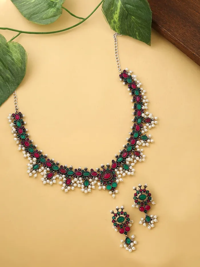 Yellow Chimes Earrings Yellow Chimes Oxidised Jewellery Set for Women Silver Oxidised Black Studded Stones Choker Necklace Set for Women and Girls