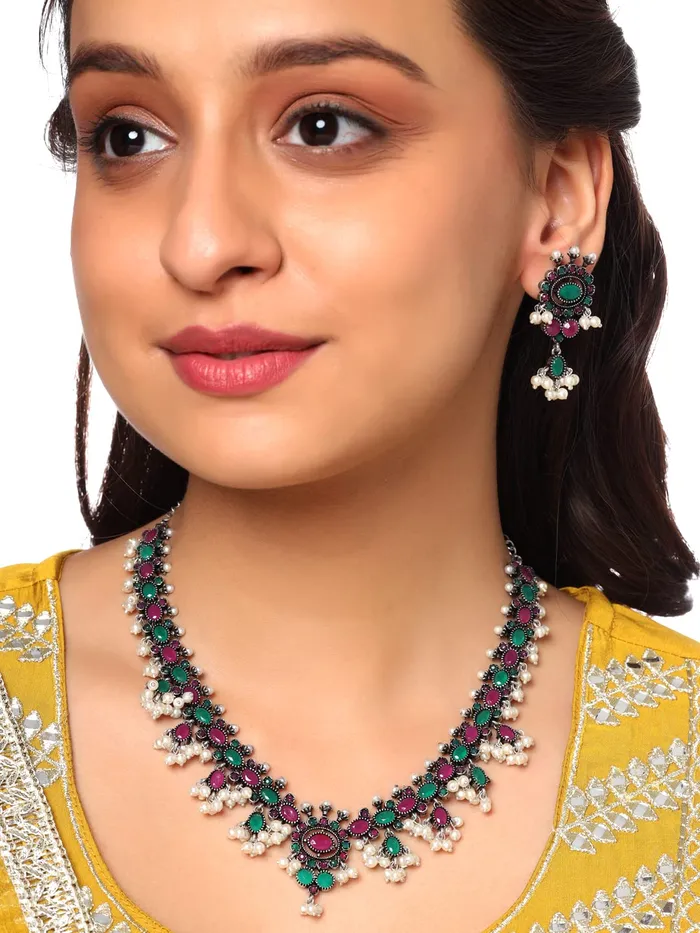 Yellow Chimes Earrings Yellow Chimes Oxidised Jewellery Set for Women Silver Oxidised Black Studded Stones Choker Necklace Set for Women and Girls