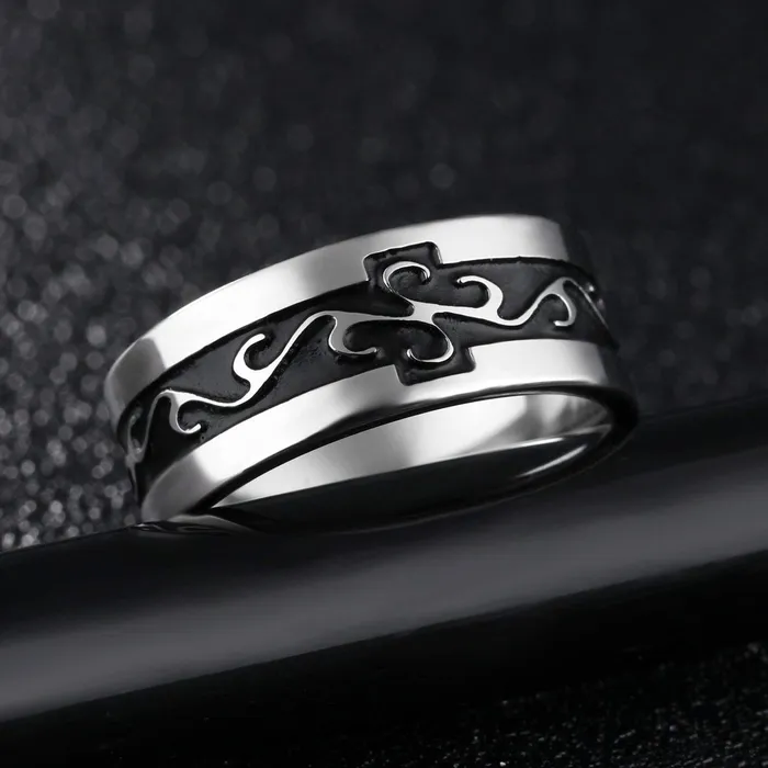Yellow Chimes Earrings Yellow Chimes Silver Black Rings For Men Pack of 1 Stainless Steel Men Ring Engraved Design Grey Black Finger Ring for Boys Ideal Gift For Men and Boys