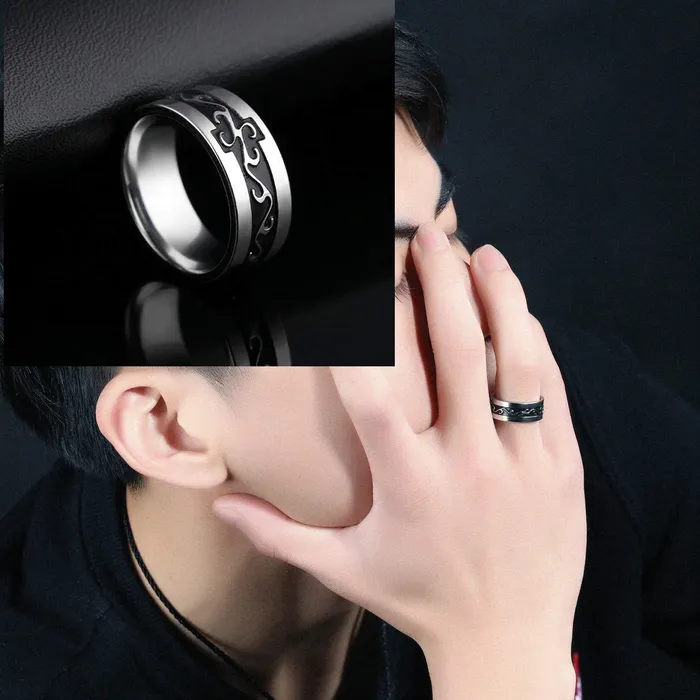 Yellow Chimes Earrings Yellow Chimes Silver Black Rings For Men Pack of 1 Stainless Steel Men Ring Engraved Design Grey Black Finger Ring for Boys Ideal Gift For Men and Boys