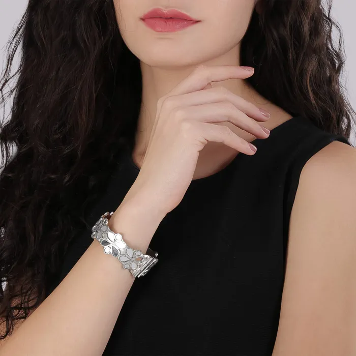 Yellow Chimes Earrings Yellow Chimes Silver Toned Designer Cuff Enamel Touch Mirror Worked Ethnic Kadaa Bangle Bracelet for Women and Girls Silver