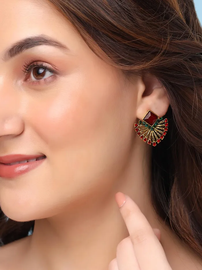 Yellow Chimes Earrings Yellow Chimes Stud Earrings for Women Fashion Earrings for Girls Red Studs Earrings Gold Plated Crystal Studded Women Earrings Chic Reverie Birthday Anniversary Gift For Girls Wife