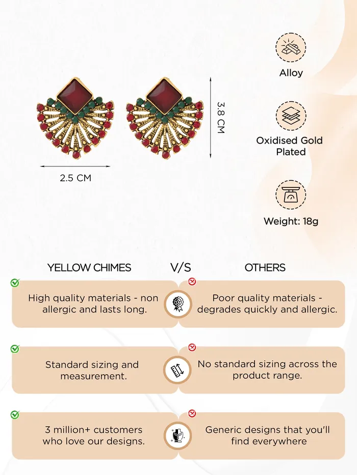 Yellow Chimes Earrings Yellow Chimes Stud Earrings for Women Fashion Earrings for Girls Red Studs Earrings Gold Plated Crystal Studded Women Earrings Chic Reverie Birthday Anniversary Gift For Girls Wife