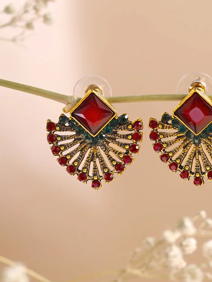 Yellow Chimes Earrings Yellow Chimes Stud Earrings for Women Fashion Earrings for Girls Red Studs Earrings Gold Plated Crystal Studded Women Earrings Chic Reverie Birthday Anniversary Gift For Girls Wife