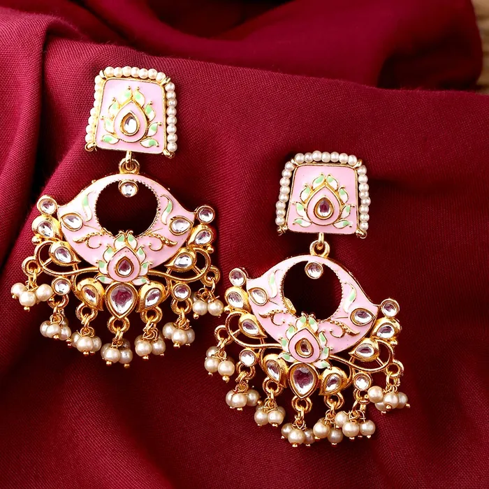 Yellow Chimes Earrings Yellow Chimes Traditional Gold Toned Pink Square Design Beads Meenakari Dangler Earrings for Women and Girls Medium YCTJER88MNKSQRPK