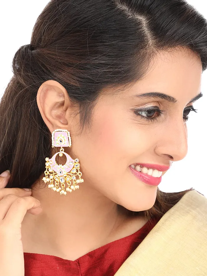 Yellow Chimes Earrings Yellow Chimes Traditional Gold Toned Pink Square Design Beads Meenakari Dangler Earrings for Women and Girls Medium YCTJER88MNKSQRPK