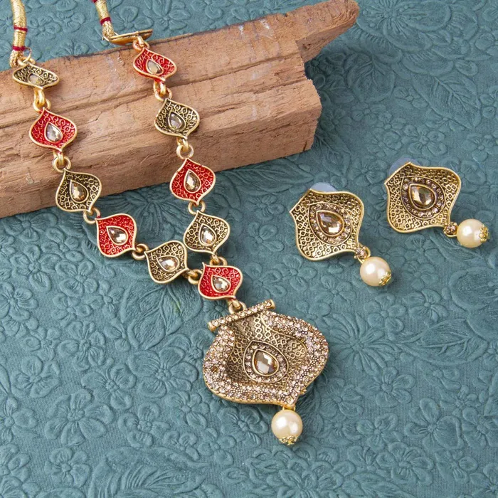 Yellow Chimes Earrings Yelow Chimes Antique Traditional Pearl Kundan German Oxidized Gold Plated Necklace with Earrings for Women