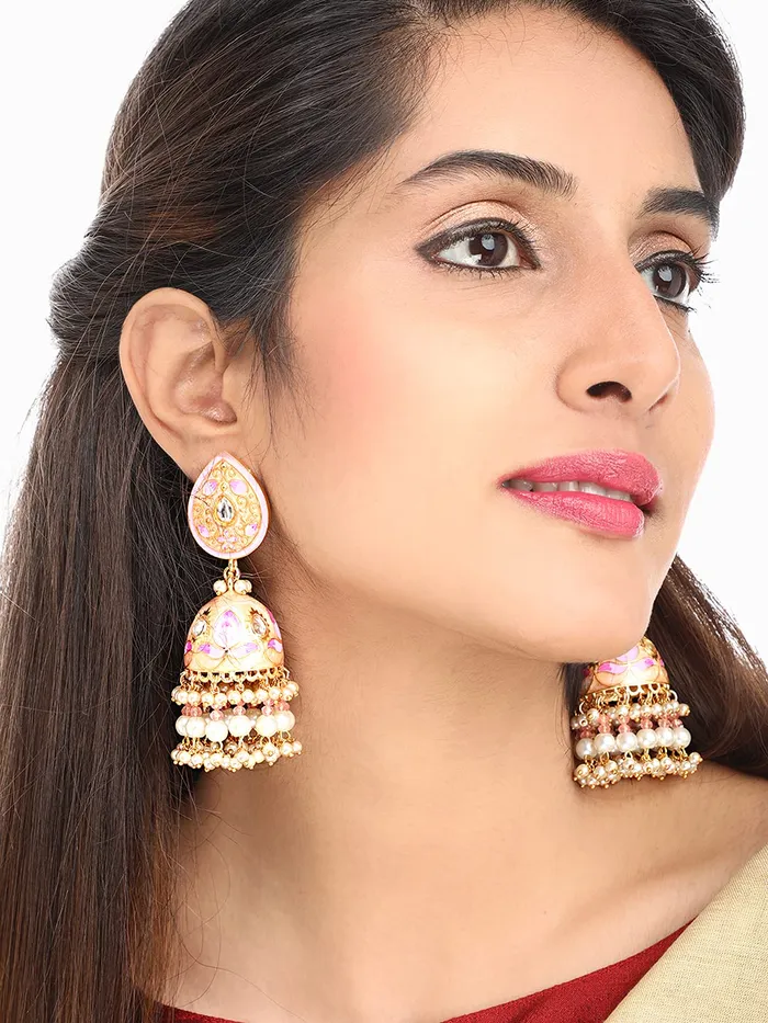 Yellow Chimes Ethnic Gold Plated Traditional Moti Beads Pink Meenakari Design Jhumka Earrings for Women and Girls Medium YCTJER100MNKDOMSPK Yellow Chimes Necklaces