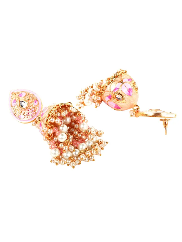 Yellow Chimes Ethnic Gold Plated Traditional Moti Beads Pink Meenakari Design Jhumka Earrings for Women and Girls Medium YCTJER100MNKDOMSPK Yellow Chimes Necklaces