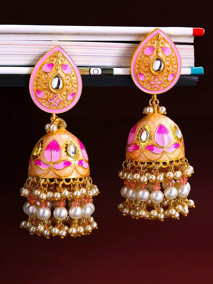 Yellow Chimes Ethnic Gold Plated Traditional Moti Beads Pink Meenakari Design Jhumka Earrings for Women and Girls Medium YCTJER100MNKDOMSPK Yellow Chimes Necklaces