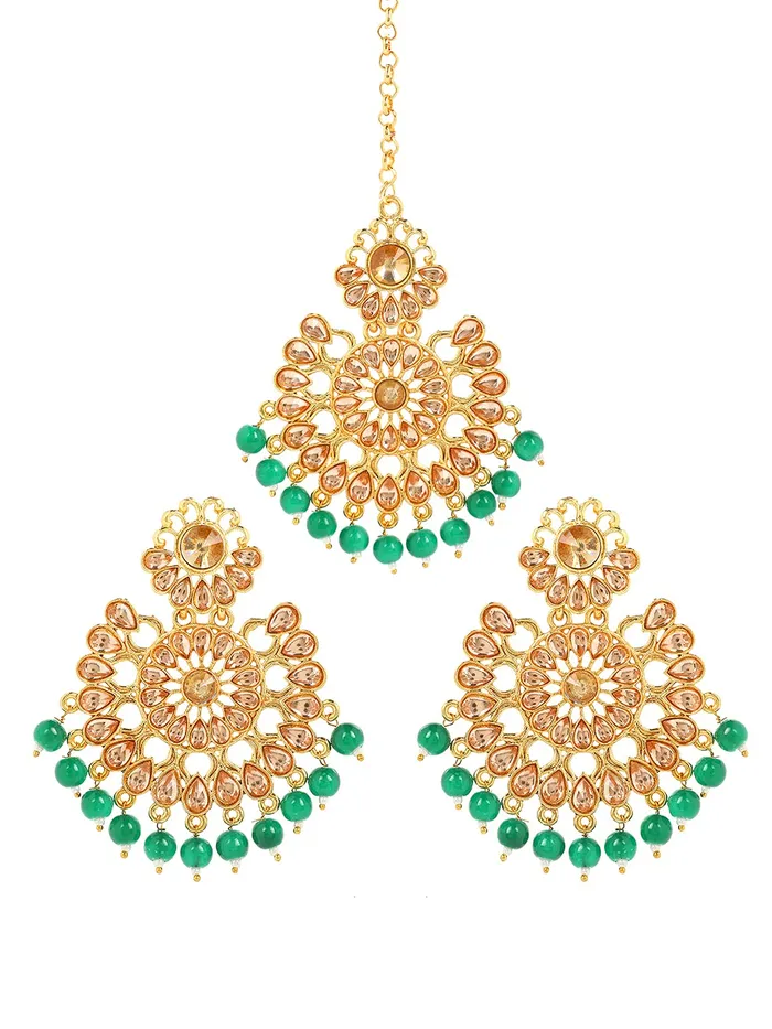 Yellow Chimes Ethnic Gold Plated Traditional Studded Kundan Green Pearl Chandbali Earrings with Maangtikka for Women and Girls Medium YCTJER08FLWBDSGR Yellow Chimes Necklaces Yellow Chimes Ethnic Gold Plated Traditional Studded Kundan Green Pearl Chandbali Earrings with Maangtikka for Women and Girls Medium YCTJER08FLWBDSGR Yellow Chimes Necklaces