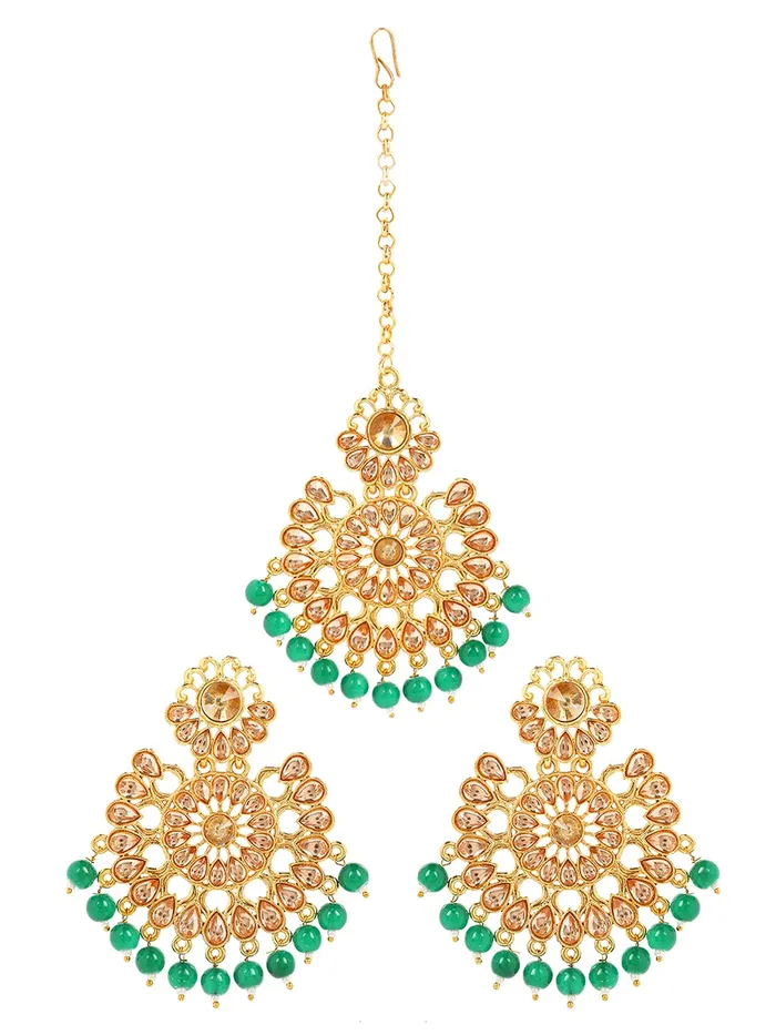 Yellow Chimes Ethnic Gold Plated Traditional Studded Kundan Green Pearl Chandbali Earrings with Maangtikka for Women and Girls Medium YCTJER08FLWBDSGR Yellow Chimes Necklaces