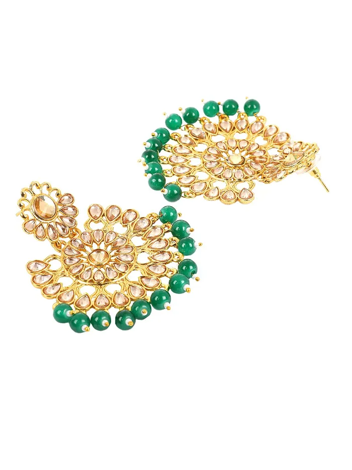 Yellow Chimes Ethnic Gold Plated Traditional Studded Kundan Green Pearl Chandbali Earrings with Maangtikka for Women and Girls Medium YCTJER08FLWBDSGR Yellow Chimes Necklaces
