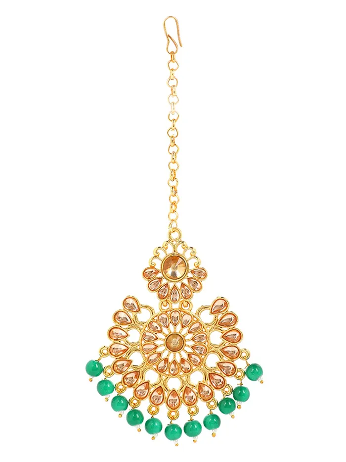 Yellow Chimes Ethnic Gold Plated Traditional Studded Kundan Green Pearl Chandbali Earrings with Maangtikka for Women and Girls Medium YCTJER08FLWBDSGR Yellow Chimes Necklaces