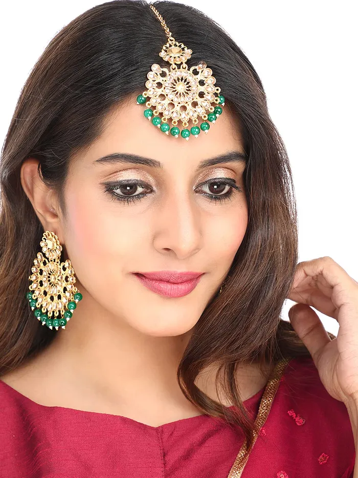 Yellow Chimes Ethnic Gold Plated Traditional Studded Kundan Green Pearl Chandbali Earrings with Maangtikka for Women and Girls Medium YCTJER08FLWBDSGR Yellow Chimes Necklaces