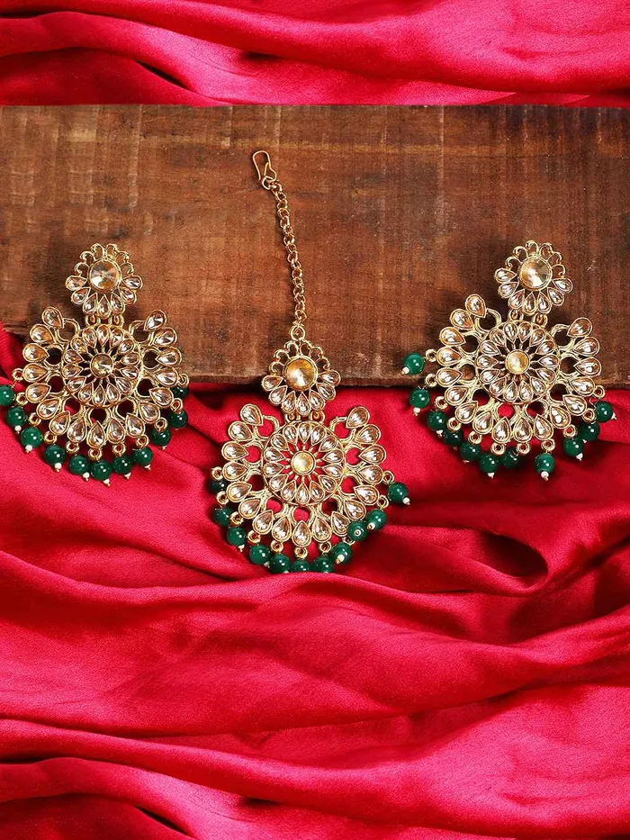 Yellow Chimes Ethnic Gold Plated Traditional Studded Kundan Green Pearl Chandbali Earrings with Maangtikka for Women and Girls Medium YCTJER08FLWBDSGR Yellow Chimes Necklaces