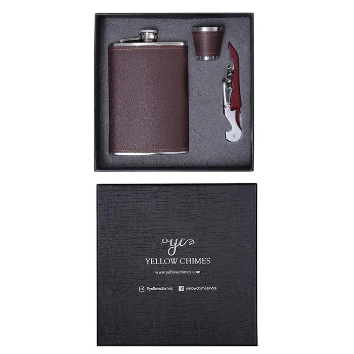 Yellow Chimes Exquisite Men Gifiting Set Hip Flask Gift Set Cork Opener with Brown Leather CoverHip Flask for Liquor for Men in a Gift Box Yellow Chimes Necklaces