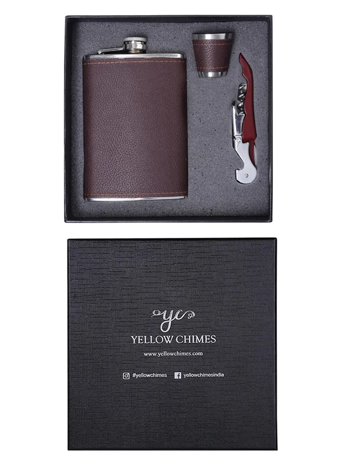 Yellow Chimes Exquisite Men Gifiting Set Hip Flask Gift Set Cork Opener with Brown Leather CoverHip Flask for Liquor for Men in a Gift Box Yellow Chimes Necklaces