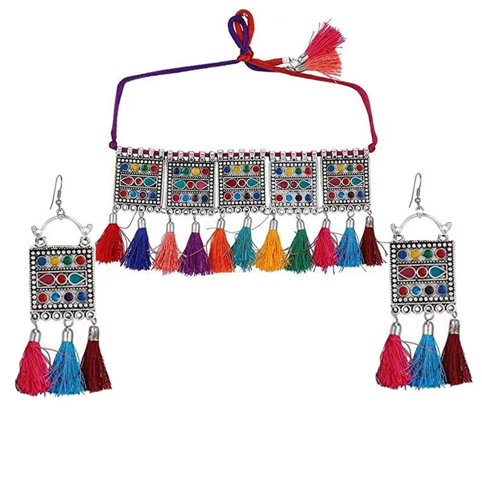 Yellow Chimes German Silver Oxidised Afghani Style Meenakari Touch Tassel with Cotton Threads Choker Necklace Set with Earrings Jewellery Set for Women Girls MultiColor Yellow Chimes Bracelets