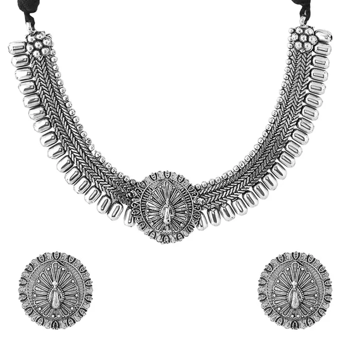 Yellow Chimes German Silver Oxidized Necklace Set Kohlapuri Choker with Jhumka Earrings Jewellery Set for Women Oxidised Silver YCTJNS16OXDTHRSL Yellow Chimes Earrings