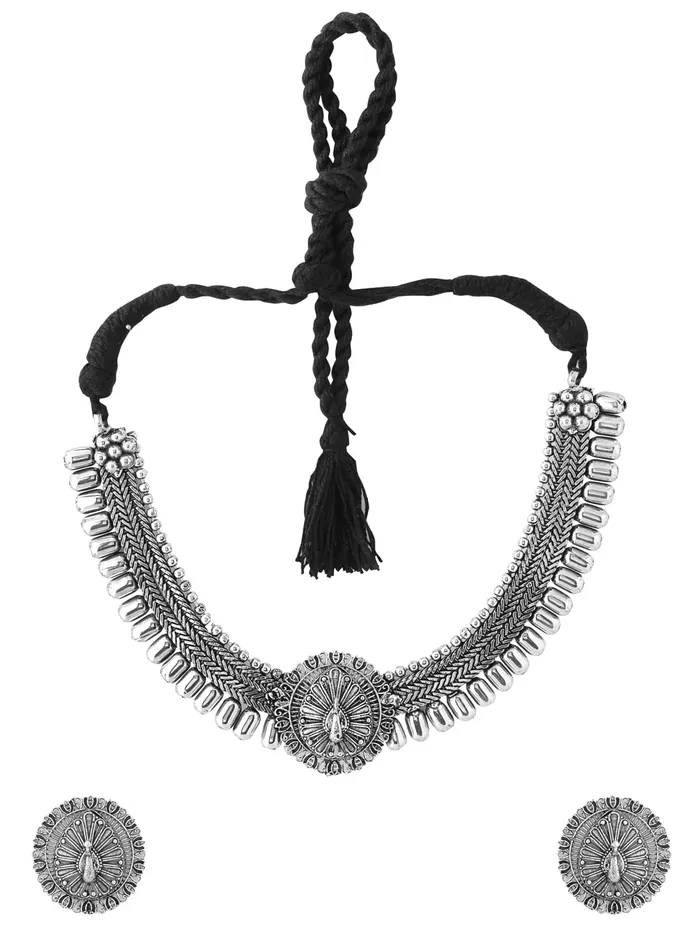 Yellow Chimes German Silver Oxidized Necklace Set Kohlapuri Choker with Jhumka Earrings Jewellery Set for Women Oxidised Silver YCTJNS16OXDTHRSL Yellow Chimes Earrings