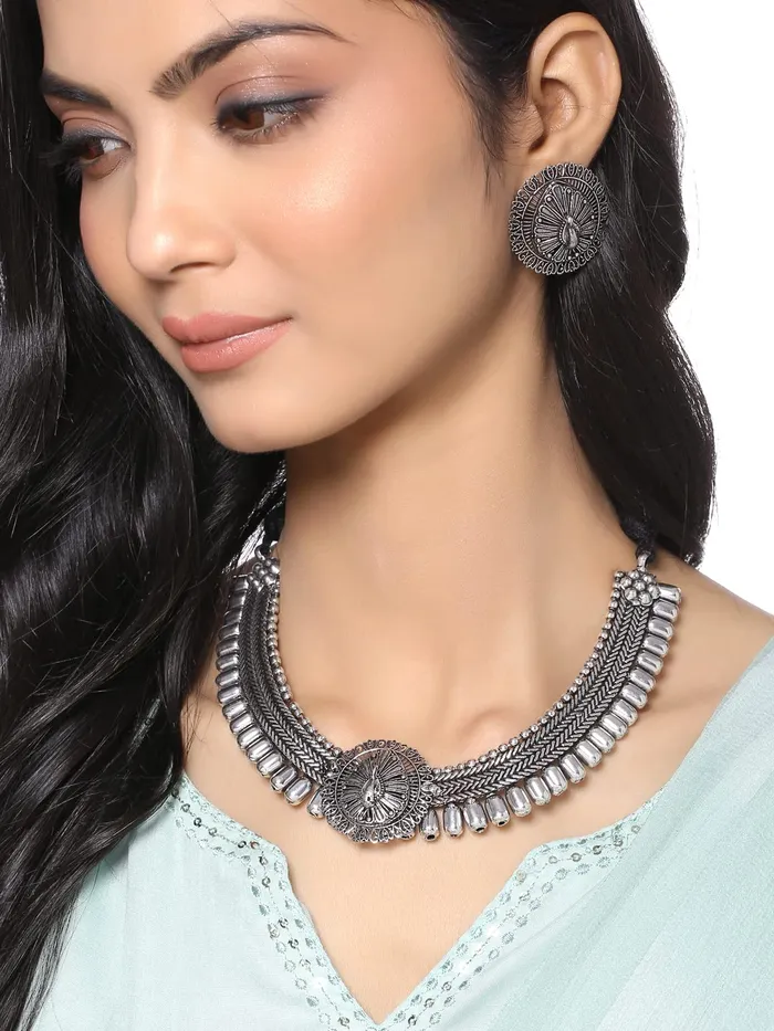 Yellow Chimes German Silver Oxidized Necklace Set Kohlapuri Choker with Jhumka Earrings Jewellery Set for Women Oxidised Silver YCTJNS16OXDTHRSL Yellow Chimes Earrings