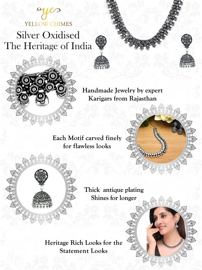 Yellow Chimes German Silver Oxidized Necklace Set Kohlapuri Choker with Jhumka Earrings Jewellery Set for Women Oxidised Silver YCTJNS16OXDTHRSL Yellow Chimes Earrings