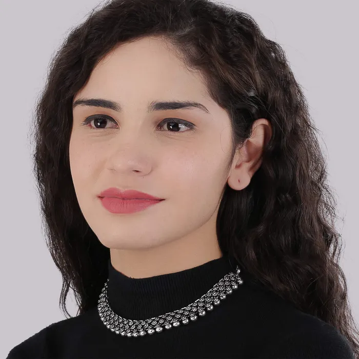 Yellow Chimes German Silver Oxidized Necklace Set Kohlapuri Choker with Jhumka Earrings Jewellery Set for Women Oxidised Silver YCTJNS16OXDTHRSL Yellow Chimes Earrings