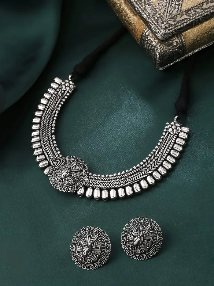 Yellow Chimes German Silver Oxidized Necklace Set Kohlapuri Choker with Jhumka Earrings Jewellery Set for Women Oxidised Silver YCTJNS16OXDTHRSL Yellow Chimes Earrings