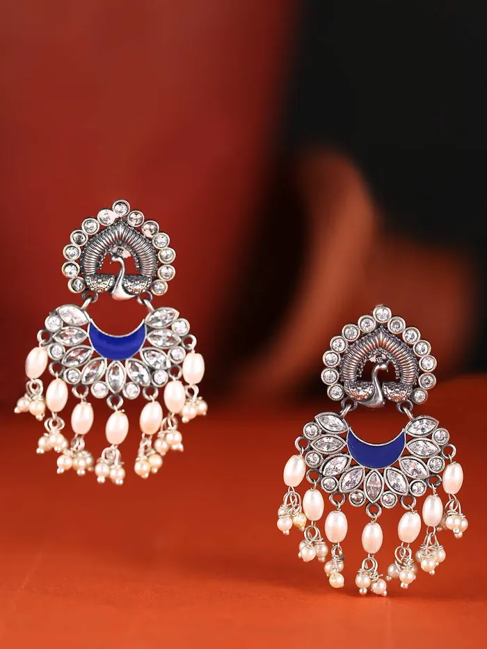 Yellow Chimes German Silver Oxidized Peacock Design Pearl Drop Earring for Women and Girls Yellow Chimes Necklaces