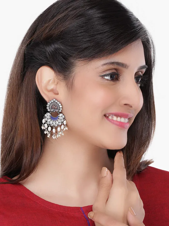 Yellow Chimes German Silver Oxidized Peacock Design Pearl Drop Earring for Women and Girls Yellow Chimes Necklaces